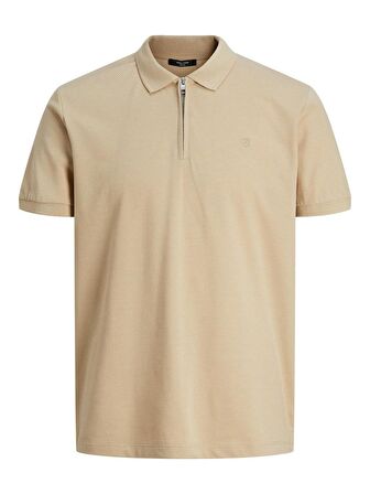 Jack & Jones Polo Yaka Düz Bej Erkek T-Shirt 12236235_JPRBLASCOTT ZIP SS POLO SN