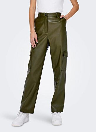 Only Yüksek Bel Normal Koyu Yeşil Kadın Pantolon ONLKIM FAUX LEATHER CARGO PANT CC O