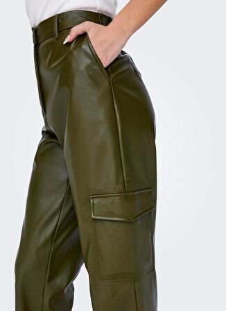 Only Yüksek Bel Normal Koyu Yeşil Kadın Pantolon ONLKIM FAUX LEATHER CARGO PANT CC O
