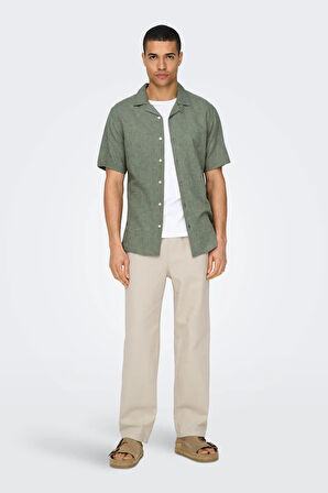 Only & Sons Erkek Onscaıden Kısa Kollu Keten Gömlek 22025116 Yeşil