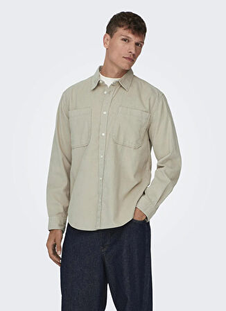 Only & Sons Normal Ekru Düz Erkek Gömlek ONSALP RLX 2PKT WASHD CORD LS SHIRT