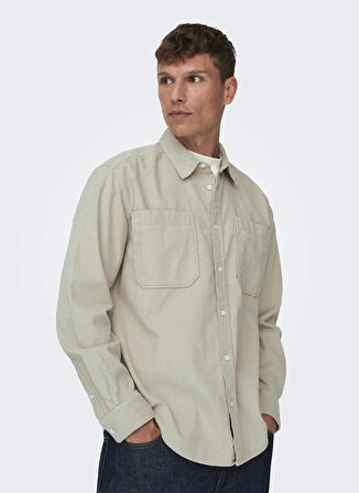 Only & Sons Normal Ekru Düz Erkek Gömlek ONSALP RLX 2PKT WASHD CORD LS SHIRT