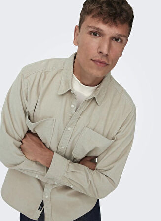 Only & Sons Normal Ekru Düz Erkek Gömlek ONSALP RLX 2PKT WASHD CORD LS SHIRT