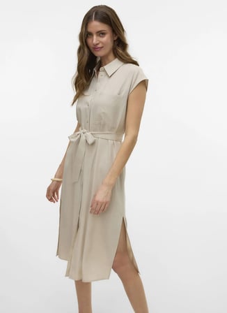 Vero Moda Bej Kadın Yuvarlak Yaka Elbise VMMYMILO SL CALF SHIRT DRESS WVN GA