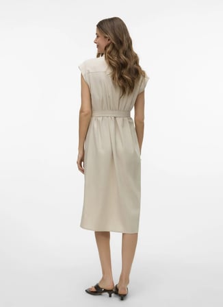 Vero Moda Bej Kadın Yuvarlak Yaka Elbise VMMYMILO SL CALF SHIRT DRESS WVN GA