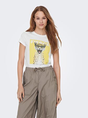Only O Yaka Regular Fit Beyaz-Sarı Kadın T-Shirt 15291975