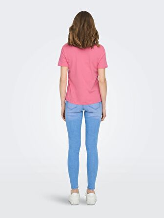 Only Sıfır Yaka Baskılı Pembe Kadın T-Shirt 15290640