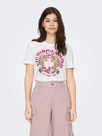 Only Sıfır Yaka Baskılı Beyaz Kadın T-Shirt 15290640