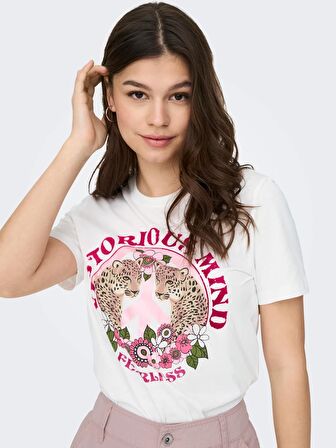 Only Sıfır Yaka Baskılı Beyaz Kadın T-Shirt 15290640