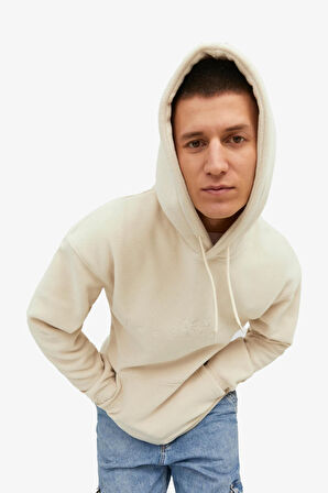 Jack & Jones Jorsilverlake Fleece Hood Erkek Bej Sweatshirt 12242470-Beige
