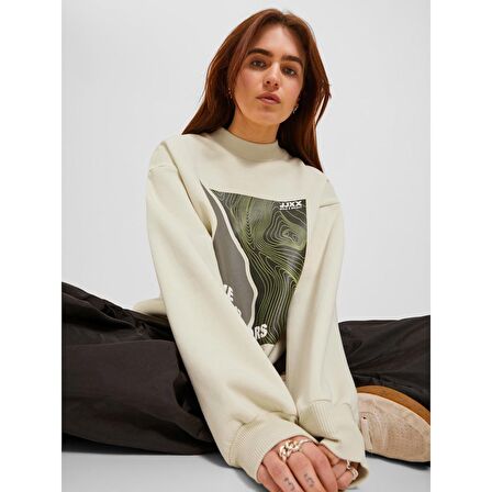 JJXX Bisiklet Yaka Rahat Kesim Kırık Beyaz Kadın Sweatshirt 12241324