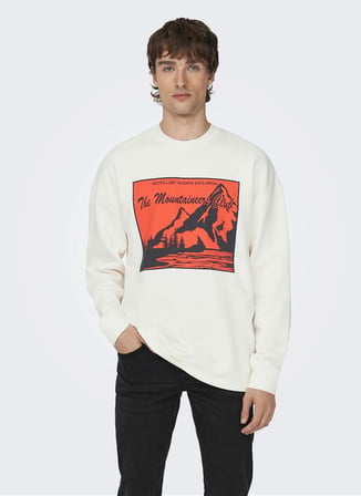 Only & Sons O Yaka Beyaz Erkek Sweatshırt 22027043_ONSELI RLX CONTRAST PRINT