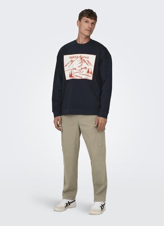 Only & Sons O Yaka Lacivert Erkek Sweatshırt 22027043_ONSELI RLX CONTRAST PRINT