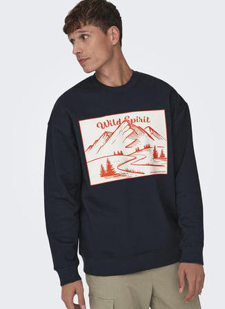 Only & Sons O Yaka Lacivert Erkek Sweatshırt 22027043_ONSELI RLX CONTRAST PRINT