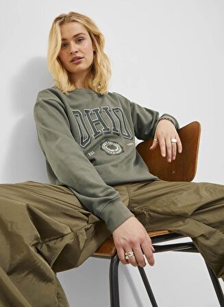 JJXX Bisiklet Yaka Baskılı Koyu Yeşil Kadın Sweatshırt JXOHIO RLX LS CREW SWT