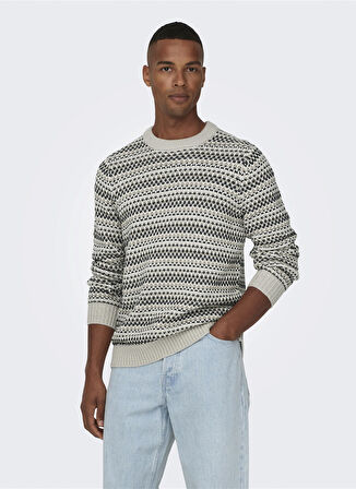 Only & Sons O Yaka Normal Çizgili Krem Erkek Kazak 22027268_ONSMUSA REG 3 STRUC CREW K