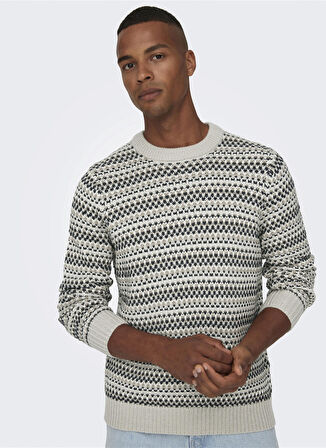 Only & Sons O Yaka Normal Çizgili Krem Erkek Kazak 22027268_ONSMUSA REG 3 STRUC CREW K