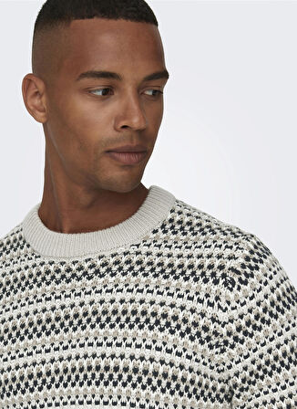 Only & Sons O Yaka Normal Çizgili Krem Erkek Kazak 22027268_ONSMUSA REG 3 STRUC CREW K