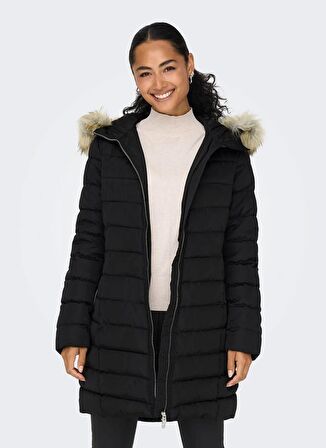 Only Siyah Kadın Kaban ONLELLAN QUILTED HOOD FUR COAT CC O