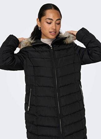 Only Siyah Kadın Kaban ONLELLAN QUILTED HOOD FUR COAT CC O