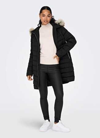 Only Siyah Kadın Kaban ONLELLAN QUILTED HOOD FUR COAT CC O