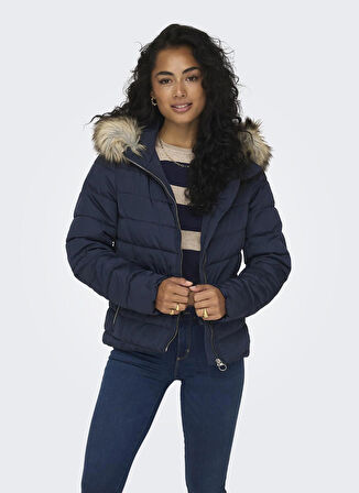 Only Lacivert Kadın Mont ONLELLAN QUILTED HOOD JACKET CC OTW