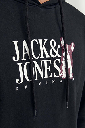 Jack & Jones Erkek Beware Baskılı Kapüşonlu Sweatshirt 12244219 Siyah