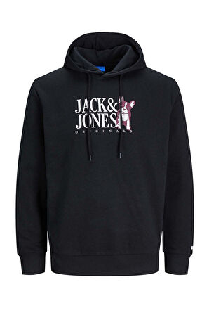 Jack & Jones Erkek Beware Baskılı Kapüşonlu Sweatshirt 12244219 Siyah