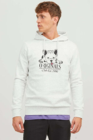 Jack & Jones Erkek Beware Baskılı Kapüşonlu Sweatshirt 12244219 Gri