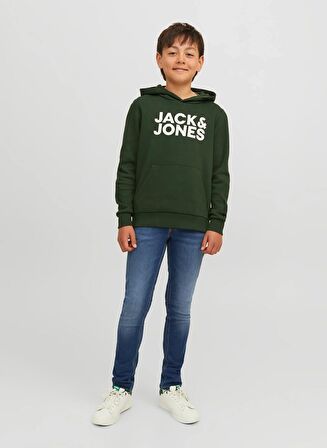 Jack & Jones Koyu Yeşil Erkek Çocuk Kapüşonlu Uzun Kollu Lastikli Baskılı Sweatshirt JJECORP LOGO SWEAT HOOD NOOS JNR