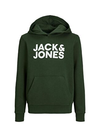 Jack & Jones Koyu Yeşil Erkek Çocuk Kapüşonlu Uzun Kollu Lastikli Baskılı Sweatshirt JJECORP LOGO SWEAT HOOD NOOS JNR