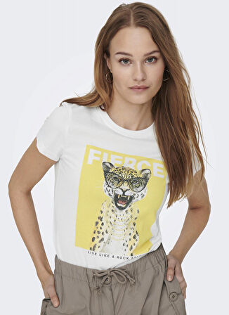 Only O Yaka Baskılı Beyaz Kadın T-Shirt GLASSES TOP BOX JRS 11-0601 TCXP