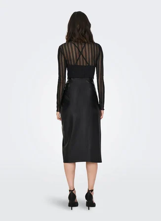 Only Normal Bel Siyah Kadın Düz Midi Etek ONLMIA FAUX LEATHER LONG SKIRT OTW