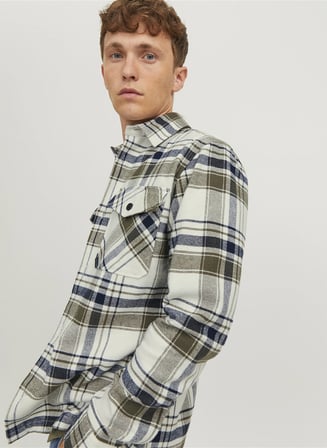 Jack & Jones Comfort Fit Kırık Beyaz Kareli Erkek Gömlek JPRROY CHECK OVERSHIRT L/S SN