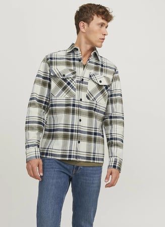 Jack & Jones Comfort Fit Kırık Beyaz Kareli Erkek Gömlek JPRROY CHECK OVERSHIRT L/S SN