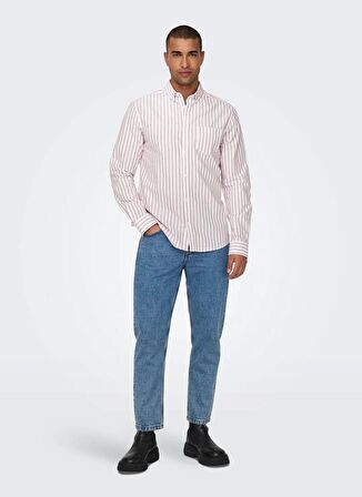 Only & Sons Slim Fit Kırmızı Çizgili Erkek Gömlek ONSALVARO SLIM LS OXFORD STRIPE SHI