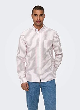 Only & Sons Slim Fit Kırmızı Çizgili Erkek Gömlek ONSALVARO SLIM LS OXFORD STRIPE SHI