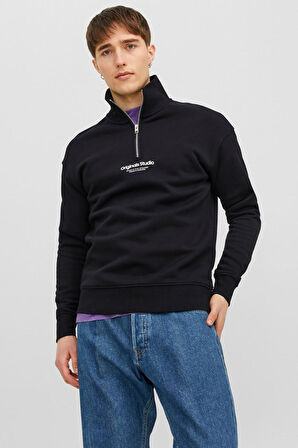 Jack & Jones Erkek Jorvesterbro Fermuarlı Dik Yaka Sweatshirt 12241777 Siyah