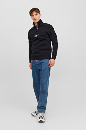 Jack & Jones Erkek Jorvesterbro Fermuarlı Dik Yaka Sweatshirt 12241777 Siyah