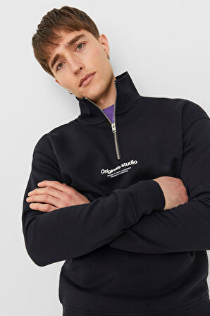 Jack & Jones Erkek Jorvesterbro Fermuarlı Dik Yaka Sweatshirt 12241777 Siyah