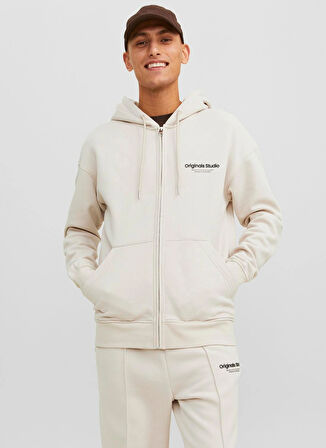 Jack & Jones Kapüşon Yaka Ekru Erkek Sweatshırt 12241691_JORVESTERBRO SWEAT ZIP HOO