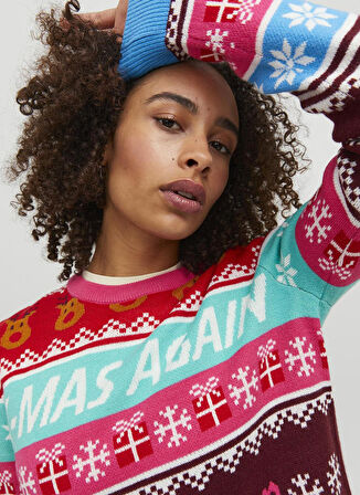 JJXX Bisiklet Yaka Normal Desenli Mavi Kazak Kadın JXMAS CREW NECK KNIT