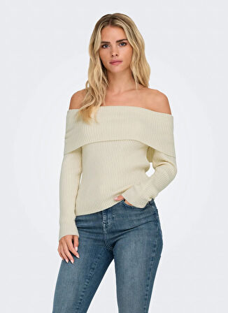 Only Tek Omuz Yaka Normal Düz Krem Kazak Kadın ONLKATIA LS OFF SHOULDER KNT NOOS