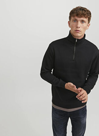 Jack & Jones Dik Yaka Siyah Erkek Sweatshırt 12250747_JJEBRADLEY SWEAT HALF ZIP