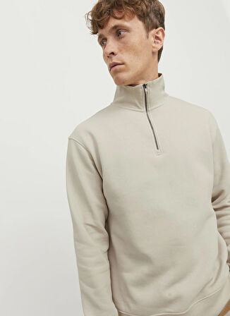 Jack & Jones Dik Yaka Ekru Erkek Sweatshırt 12250747_JJEBRADLEY SWEAT HALF ZIP