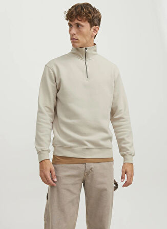Jack & Jones Dik Yaka Ekru Erkek Sweatshırt 12250747_JJEBRADLEY SWEAT HALF ZIP