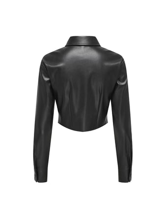 Only Dar Gömlek Yaka Düz Siyah Kadın Gömlek ONLMIA FAUX LEATHER SHIRT OTW