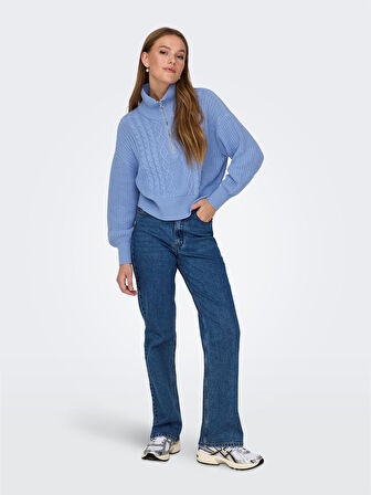 ONLDORITTA LS CABLE ZIP HIG NECK KNT Kadın Mavi Kazak - 15306911