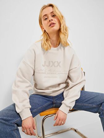 JJXX Bisiklet Yaka Rahat Kesim Bej Kadın Sweatshirt 12250175