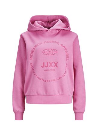 JJXX Kapüşon Yaka Baskılı Pembe Kadın Sweatshırt JXNOLA RLX LS SHORT HOOD SWT